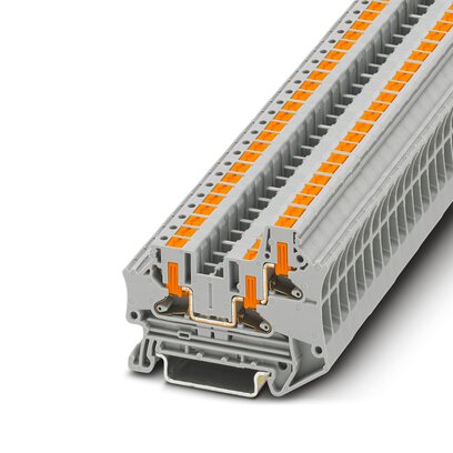 Phoenix Contact Multi-Conductor Terminal Block; PTV 4-TWIN ; 30A; 600V; 1-Level; #24 - #10; Push-In - Horizontal Entry Connection; Gray